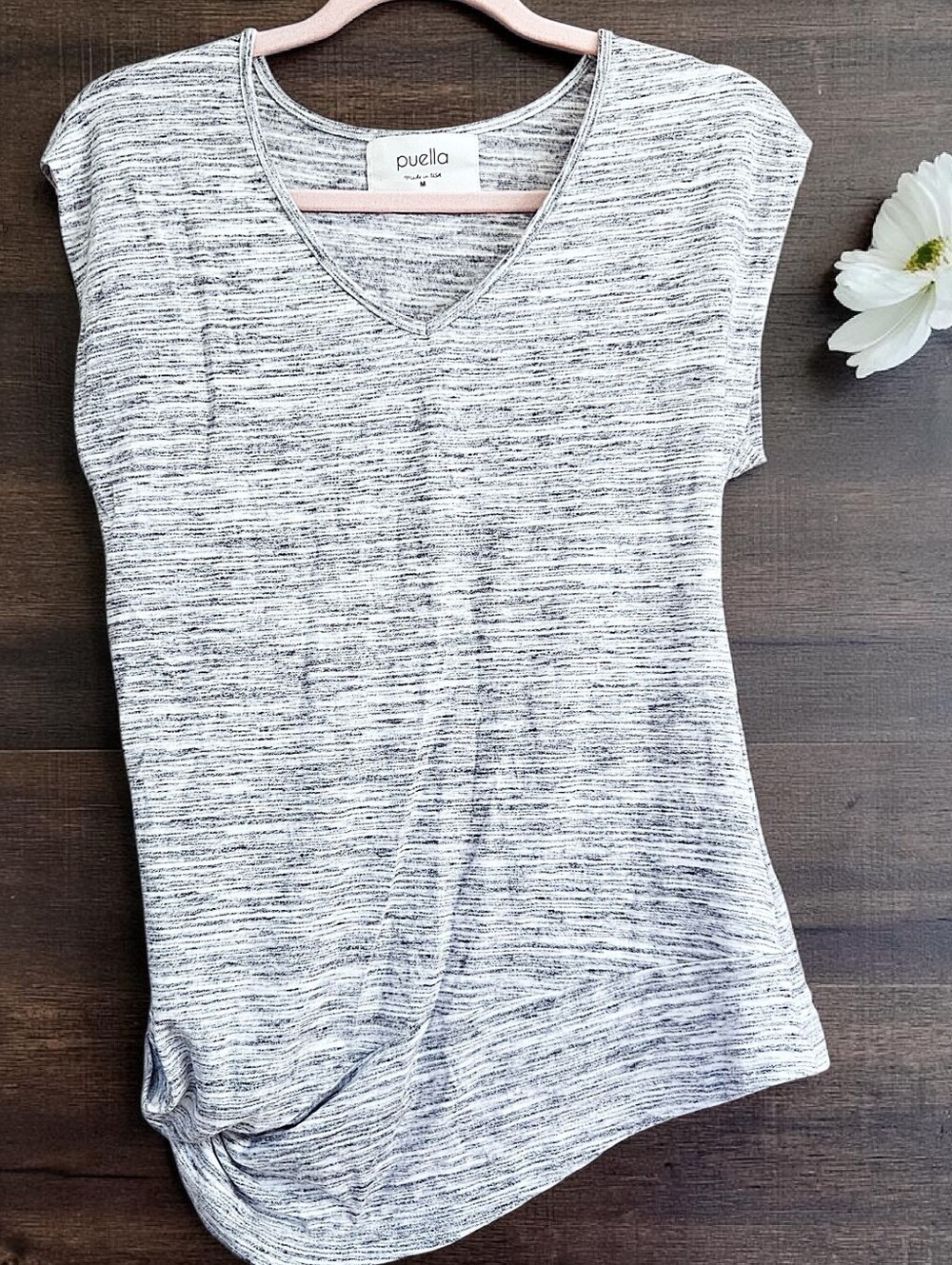 Anthropologie Puella Heather Gray Cap Sleeve V Neck Gathered Asymmetrical Top M